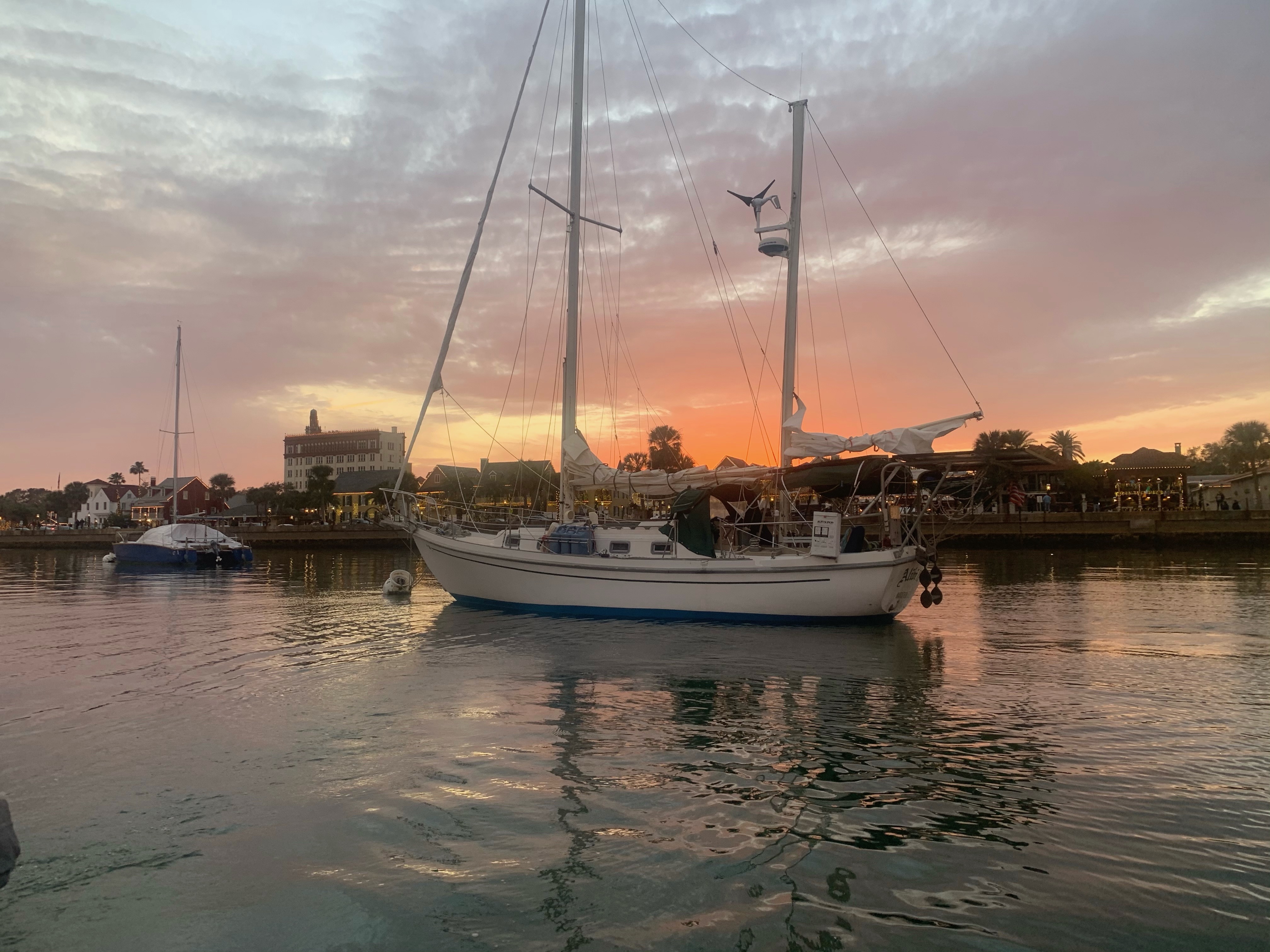 Seawind II at anchor at sunset