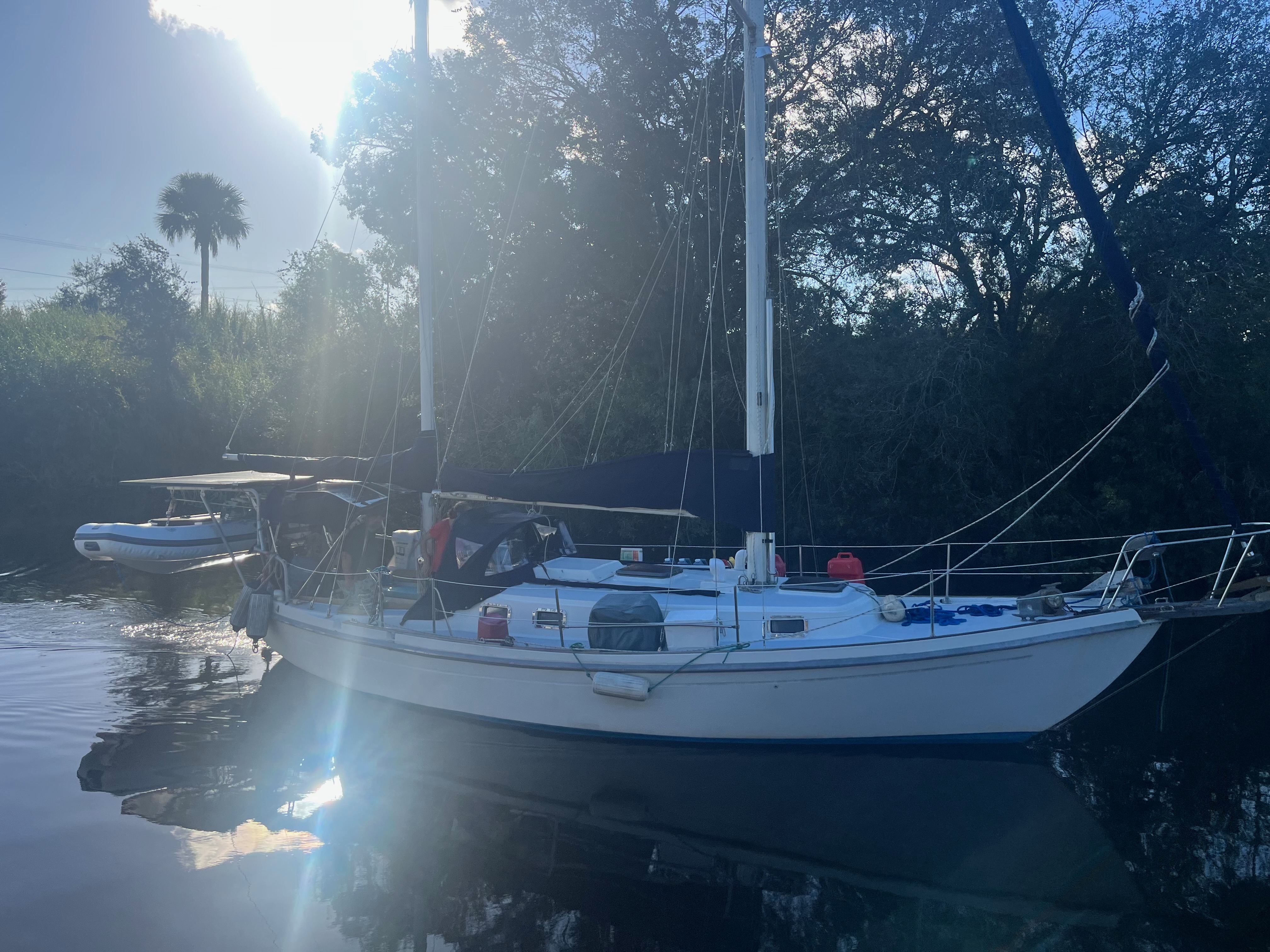 Seawind II on the water, deck and dinghy view