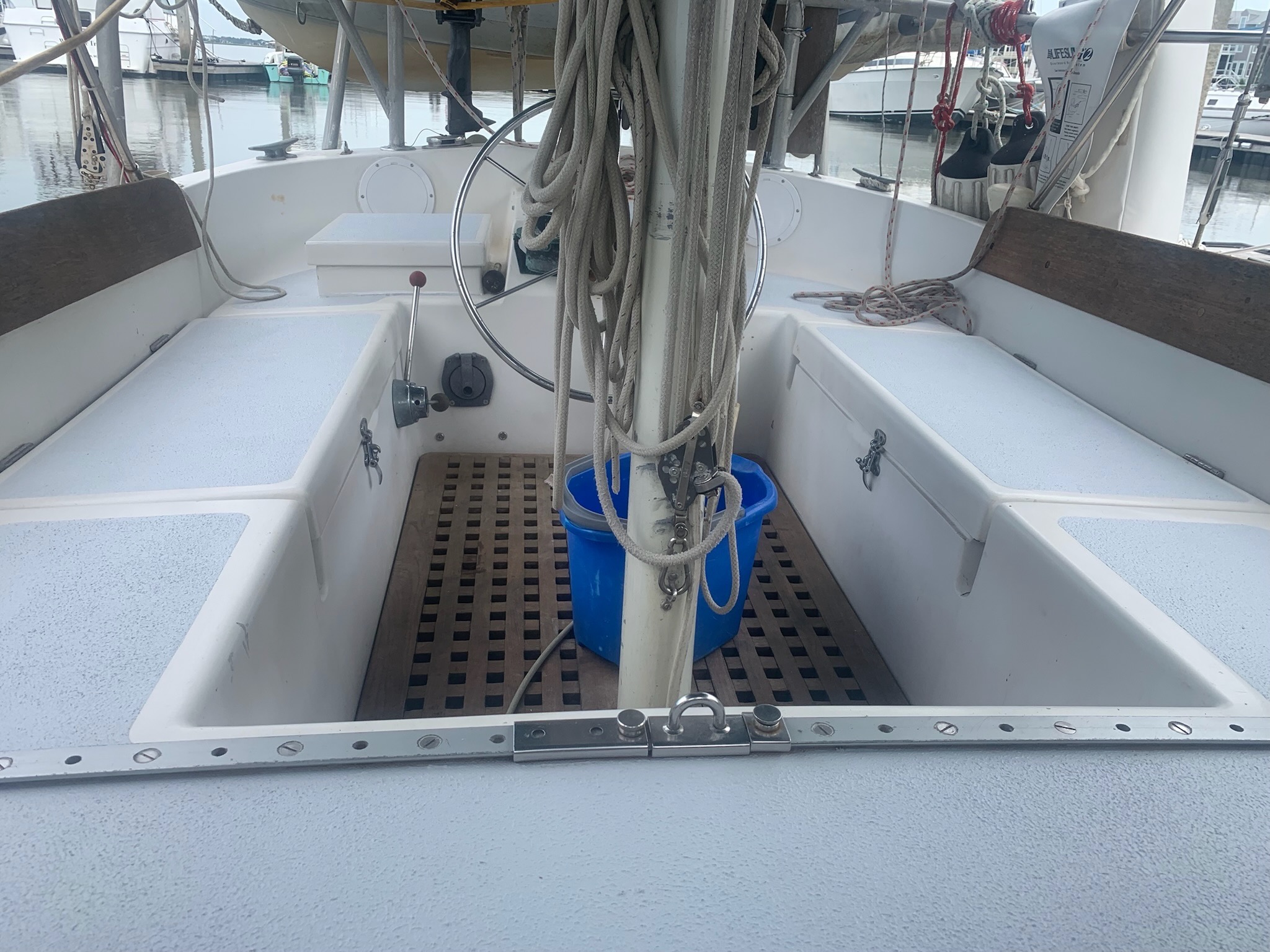 Cockpit, wheel, and teak sole grate