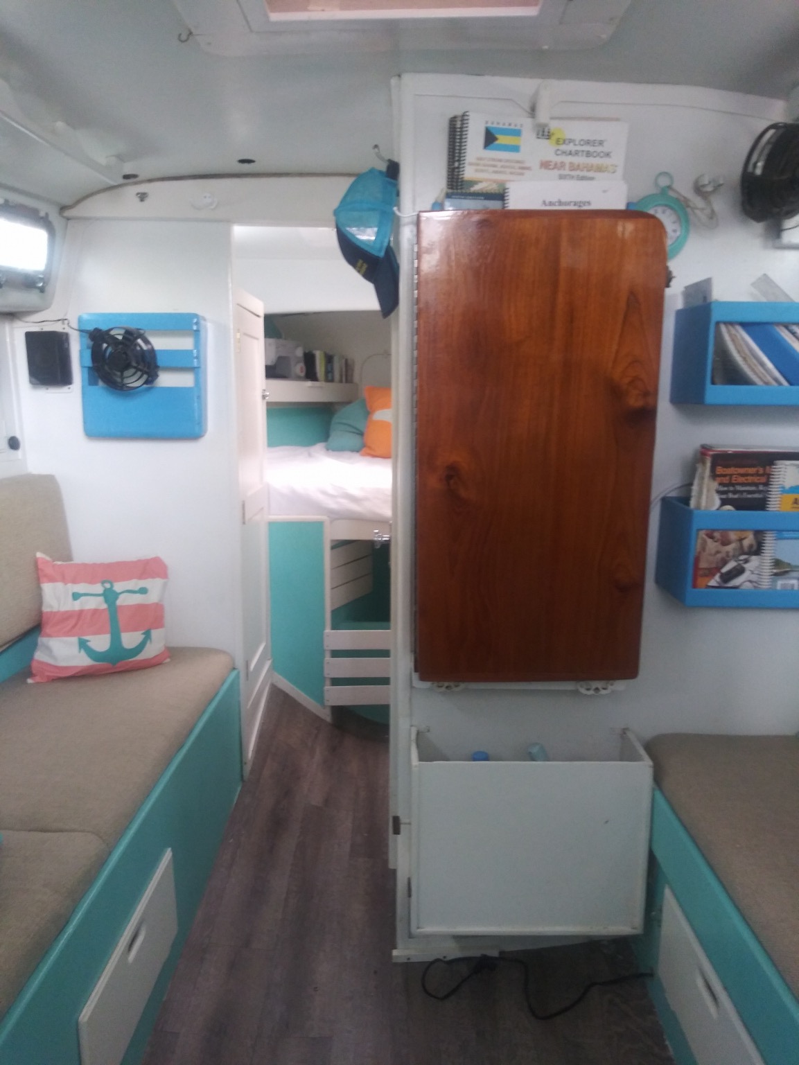 Salon looking forward toward V-berth and fold-up table (2020)