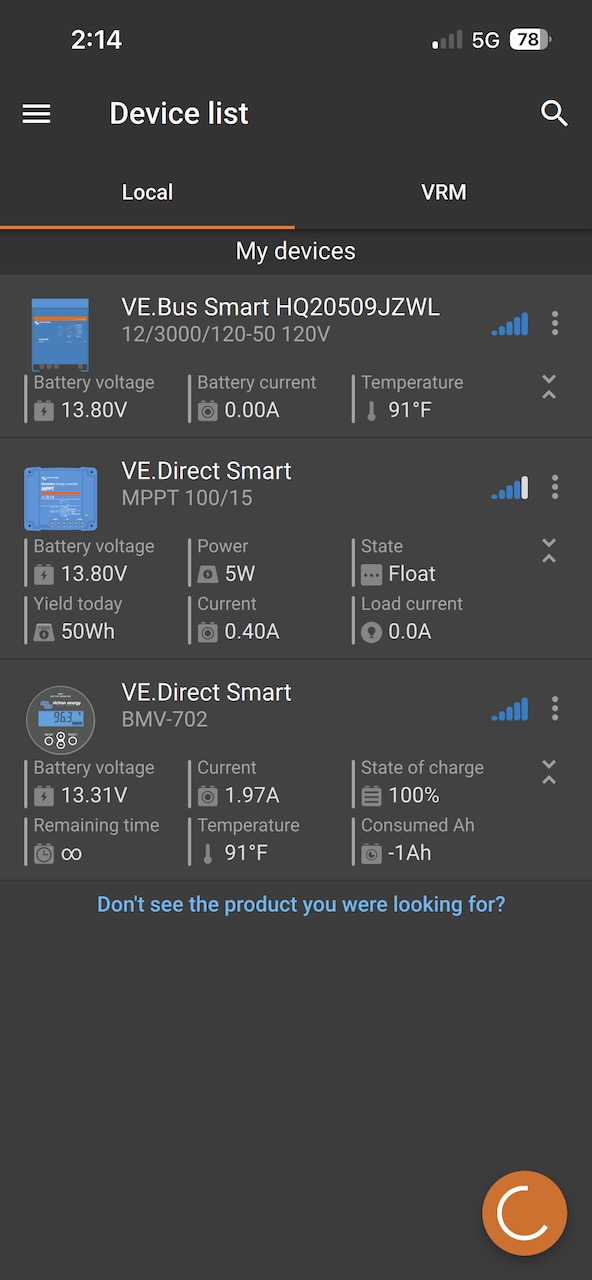 Victron app showing MultiPlus, SmartSolar MPPT, and battery monitor